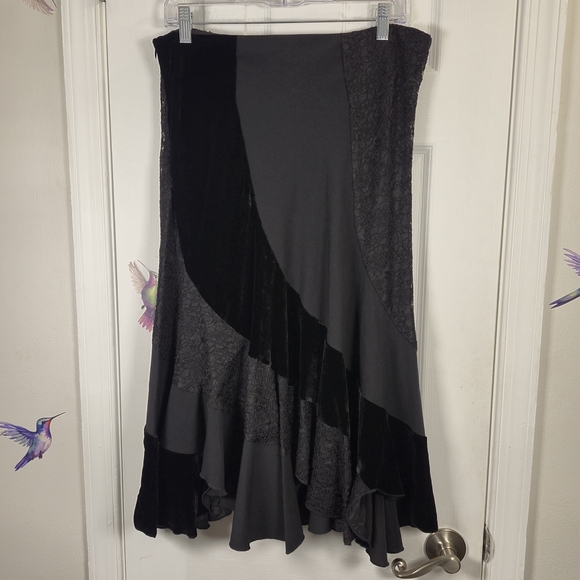 Sunny Leigh Black Velvet Lace Patchwork Asymmetrical Midi Skirt WhimsiGoth - Picture 2 of 9